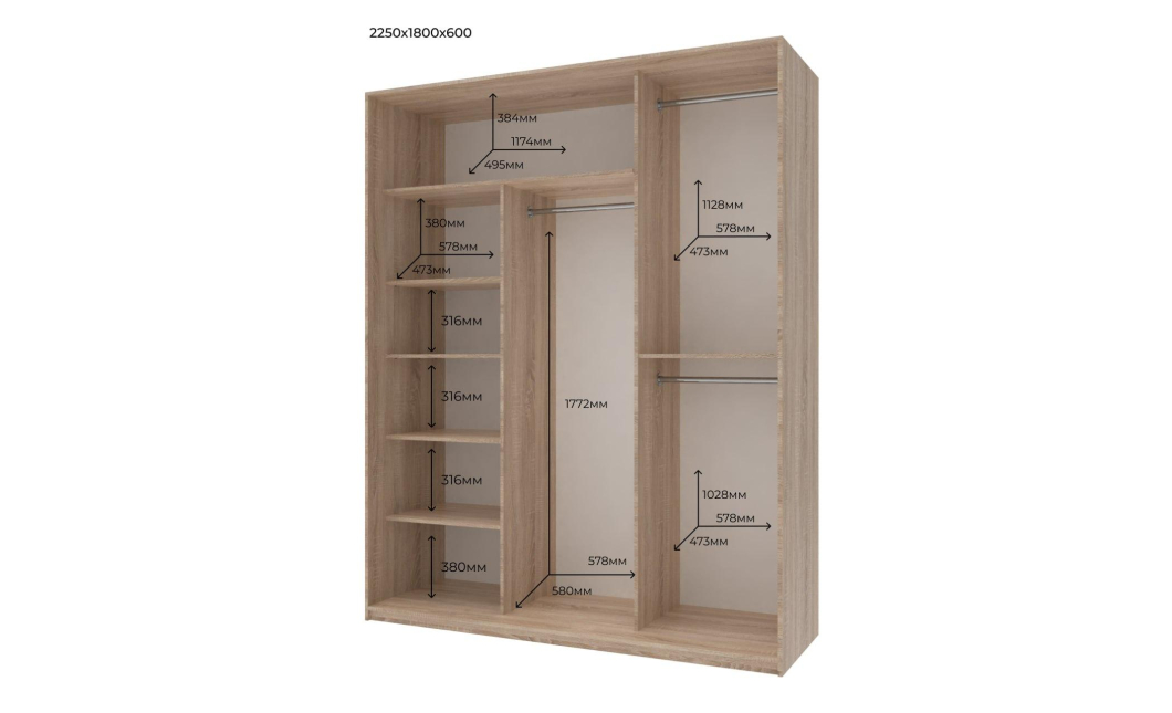 Šatní skříň Doros City Light Dub Sonoma 3 zrcadla 180×60×225 (42002057)