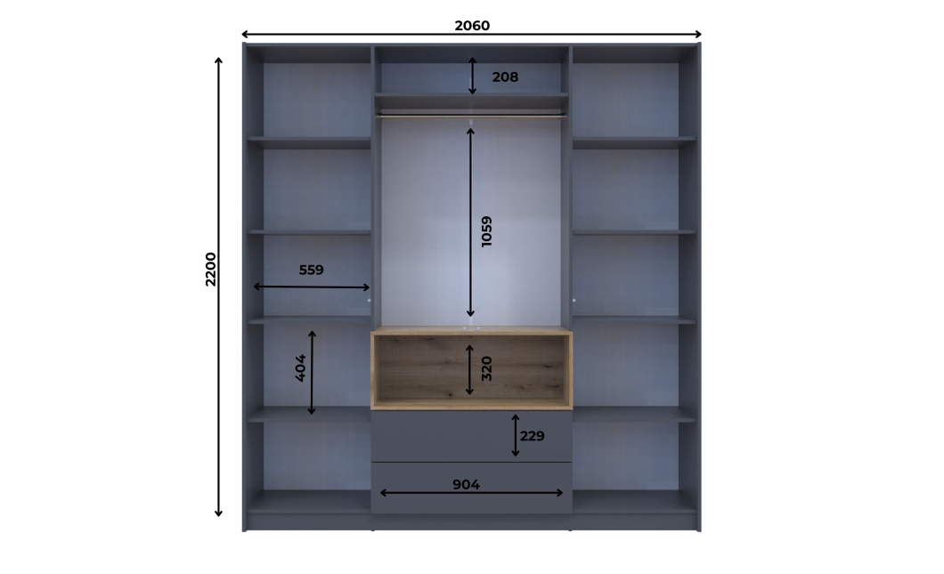 Skříň na oblečení s nikou Doros Dale Antracit/Dub Evok 4 dveře 206 × 52 × 220 (44900527)