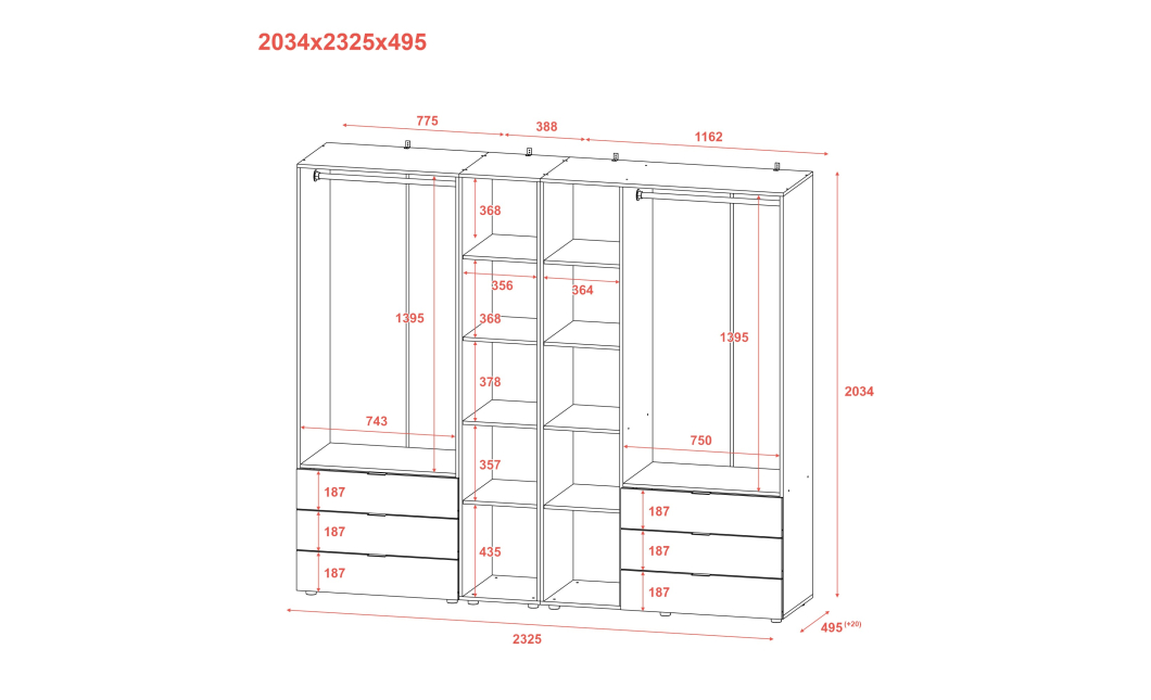 Set Doros Gelar s regálem Dub Sonoma 2+3 dveře 231,9×49,5×203,4 (42005046)