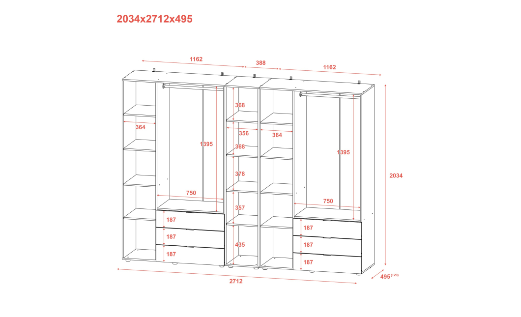 Set Doros Gelar s regálem Grafit 3+3 dveře 270,6×49,5×203,4 (42005061)
