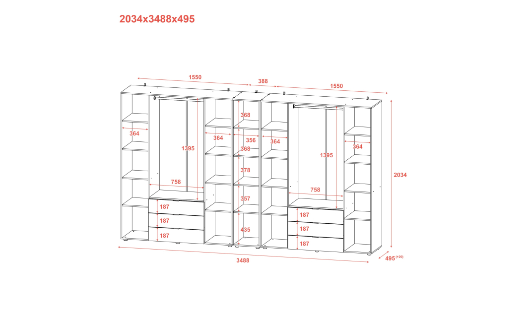 Set Doros Gelar s regálem Grafit 4+4 dveře 348,2×49,5×203,4 (42005065)